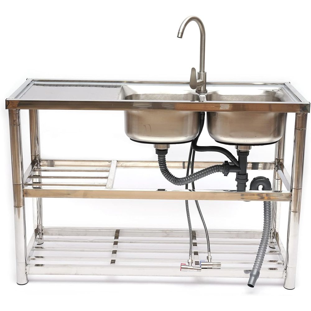 Commercial Kitchen Double Sink - Ayaklı Paslanmaz Çelik Çift Hazneli Evye,