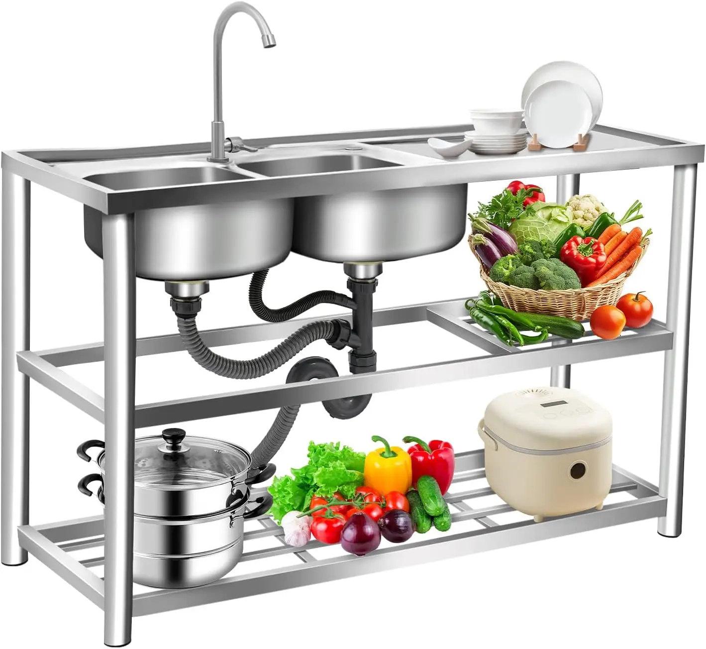 Commercial Kitchen Double Sink - 3 Katmanlı Ayaklı Paslanmaz Çelik Lavabo,
