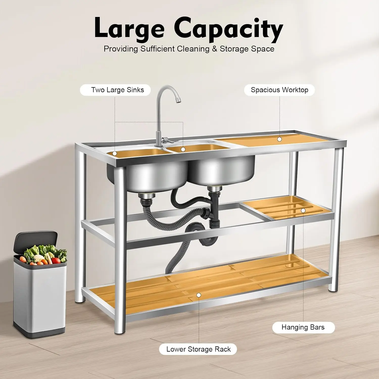 3 Katmanlı Ayaklı Paslanmaz Çe - Commercial Kitchen Double Sink incelemesi ve fiyatı